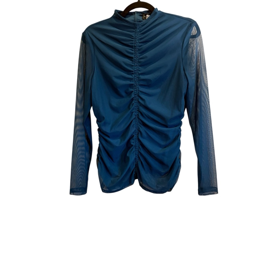 DKNY Women’s Elegant Blue Whimsy-goth Dark Romantic Mesh Ruched Top sz S